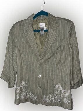 Emma James Green Pinstripe Floral Blazer Jacket Size 10 Notch Lapel Linen Rayon